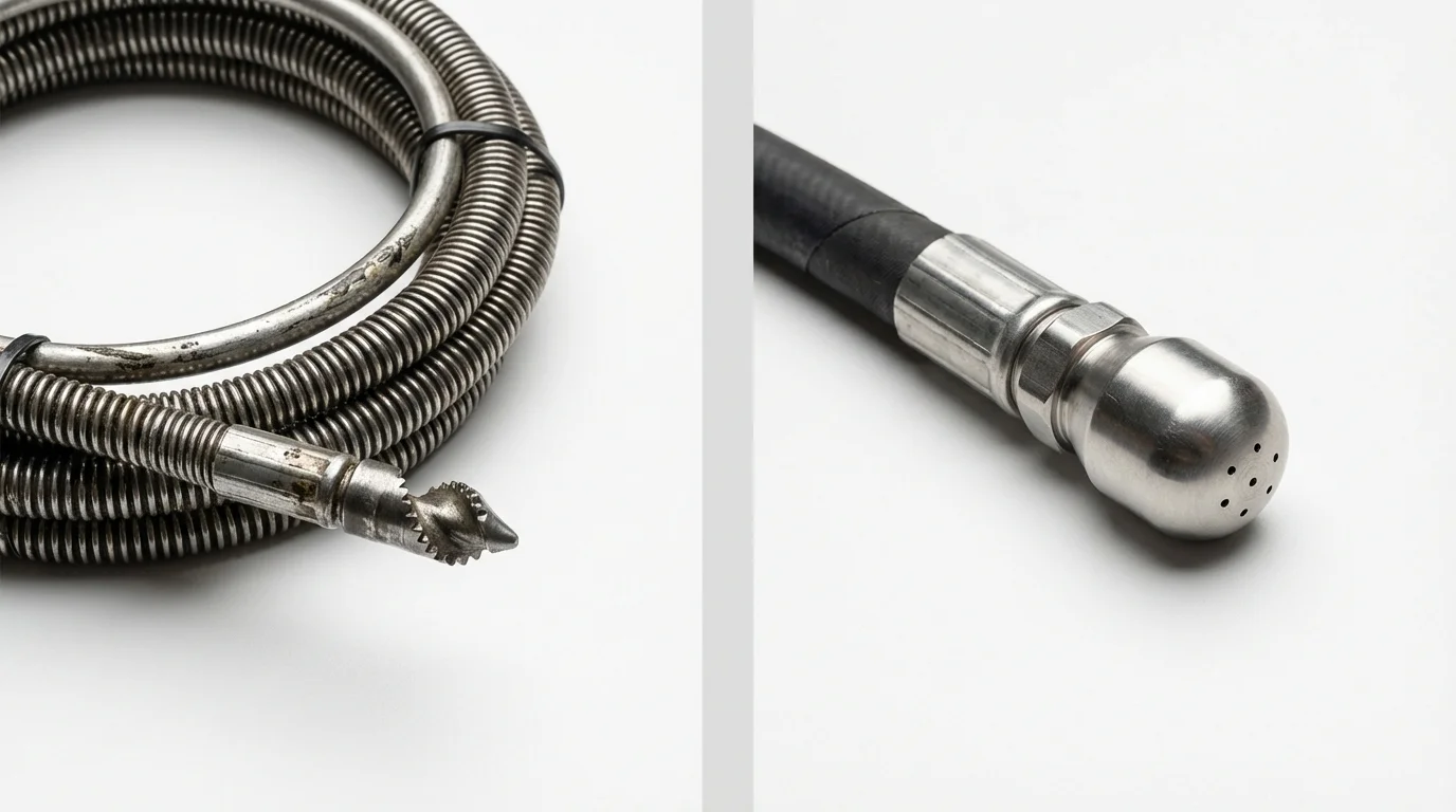 Drain snake cable and hydro jetting nozzle used for drain cleaning in Bay City, TX