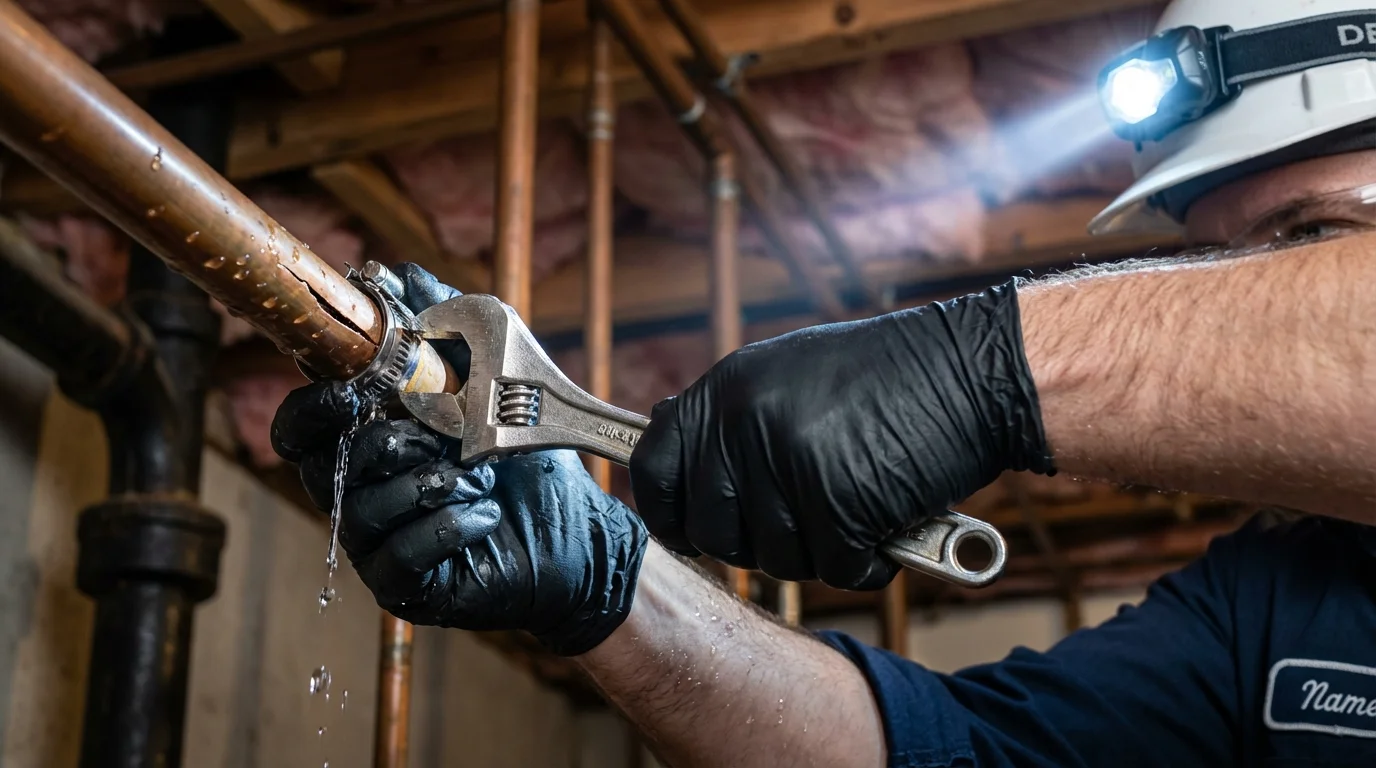 Emergency pipe clamp repair being performed by a Johns Plumbing LLC plumber in Bay City