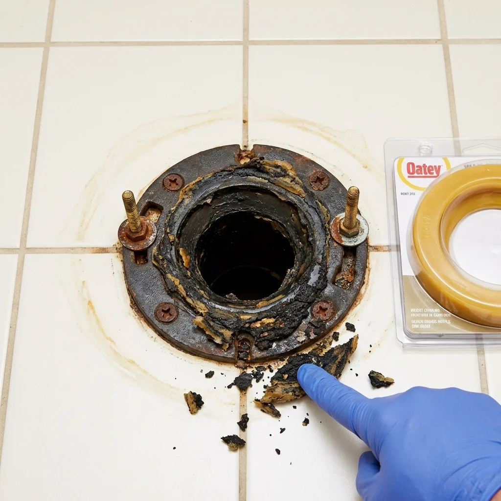 Failed wax ring showing water seepage at the base of a toilet in a Bay City, TX home