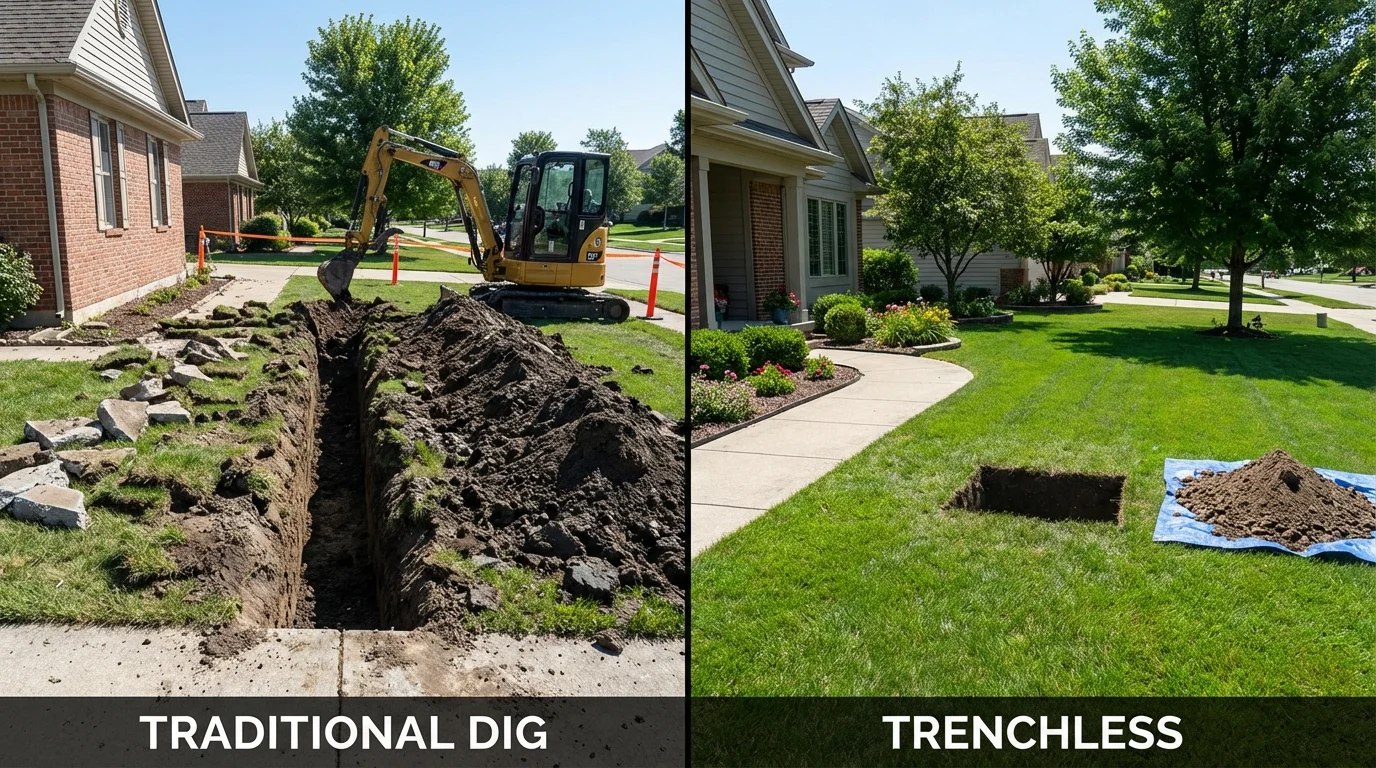 Trenchless sewer repair with minimal yard damage versus traditional excavation in Bay City, TX