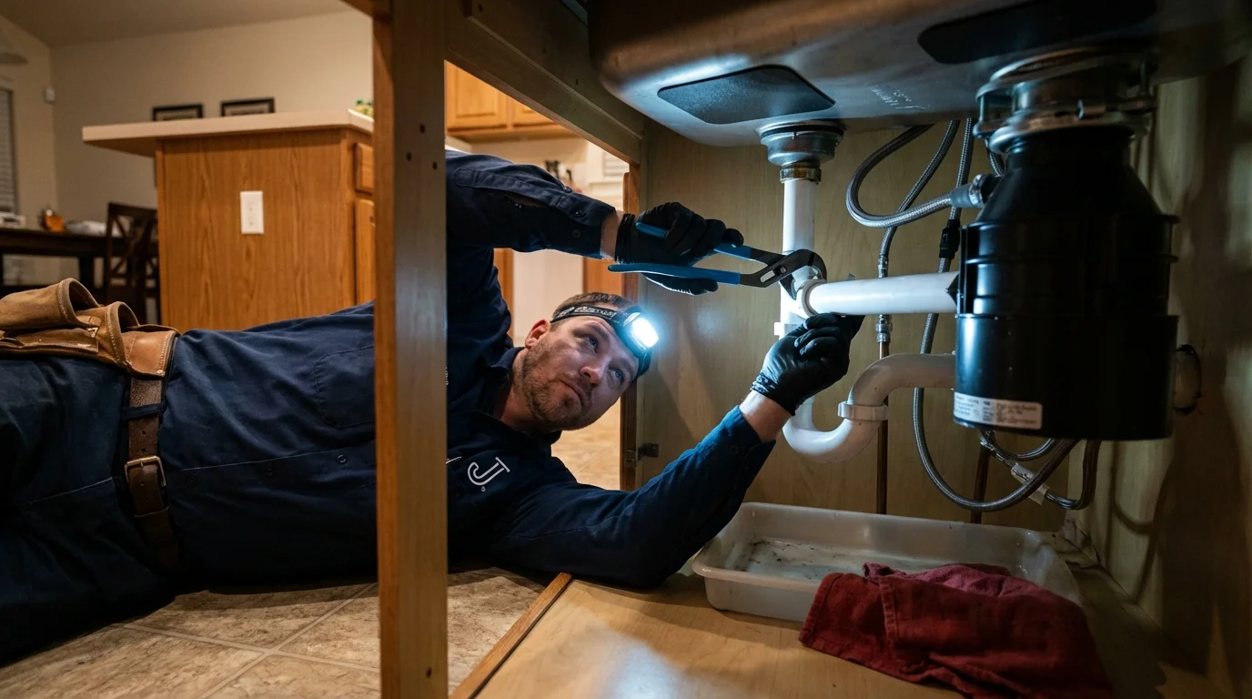P-trap and supply line connections under a kitchen sink showing a common leak point in Bay City, TX